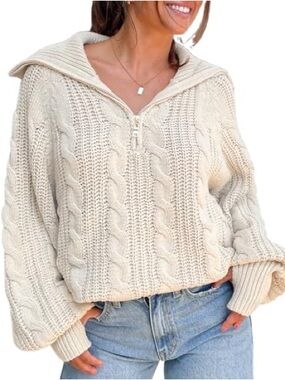 Grey Bandit Cable-Knit Half-Zip Sweater - Cream